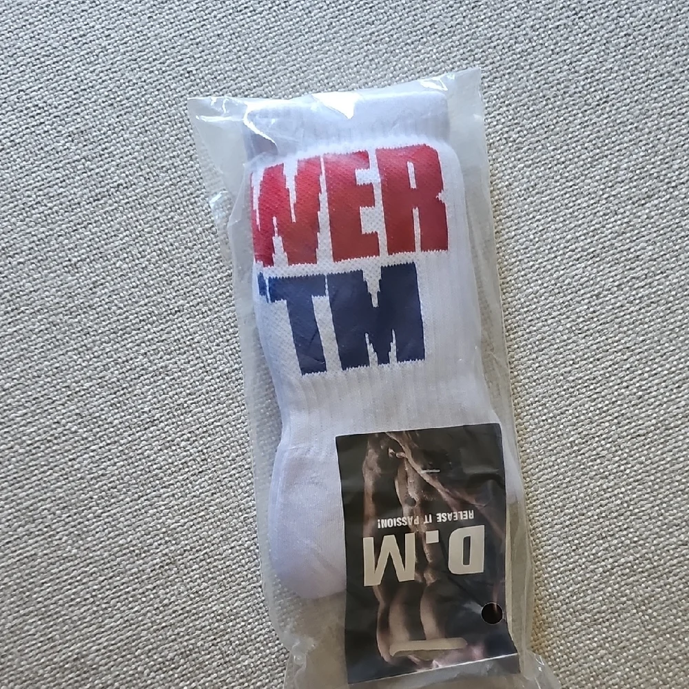 White Athletic Crew Socks with Red & Blue  "POWER BTTM" - Picture 3 of 3
